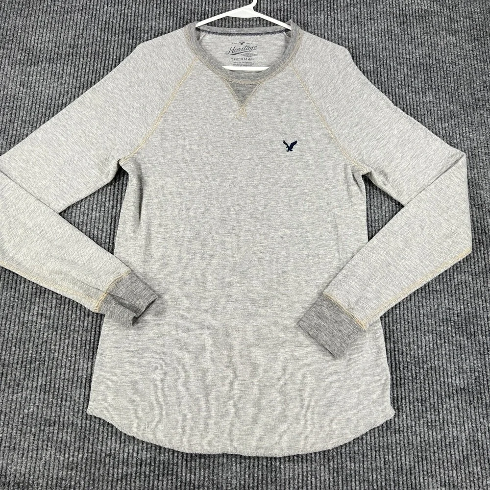 American Eagle Mens Sweatshirt Thermal Medium Gray Long Sleeve Knit Classic Fit